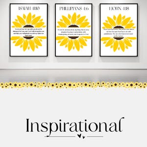 May include: Three framed wall art prints with black frames. Each print features a yellow sunflower design with inspirational text from the Bible. The word "Inspirational" is written in a decorative font at the bottom.