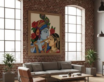 インドの神ラーダー・クリシュナのファインプリントポスター（フレーム