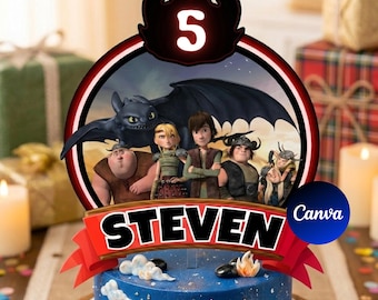 Adorno para tarta de cumpleaños de Cómo entrenar a tu dragón / Plantilla editable / Descarga instantánea