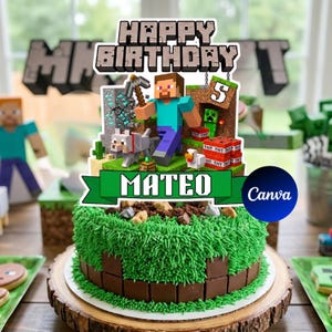 May include: A Minecraft-themed birthday cake with green frosting resembling grass, brown chocolate blocks, and a wooden base. The cake is decorated with a Minecraft character topper, the name "Mateo", and the words "Happy Birthday".