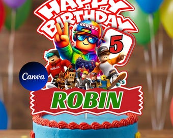 Adorno editable para tarta de cumpleaños de Roblox: Decoración para fiesta gamer, imprimible (descarga digital, plantilla de Canva)