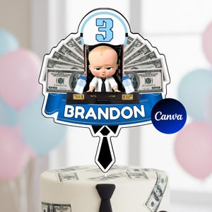 Może przedstawiać: Topper na ciasto z kreskówkowym dzieckiem w garniturze, otoczonym banknotami, z numerem 3 i imieniem "Brandon". Topper ma niebiesko-czarną kolorystykę i został zaprojektowany tak, aby wyglądał jak teczka.