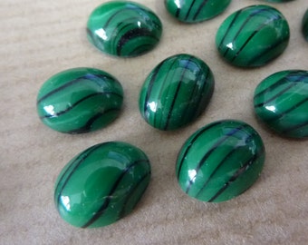 6 glass cabochons, 10x8mm, green black, oval