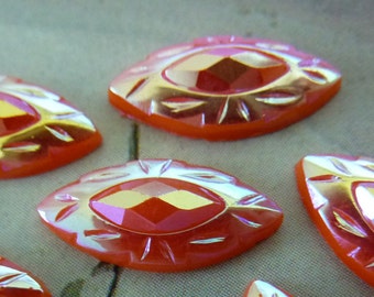 6 glass cabochons, 15x7mm, orange AB, navette, horse eye, rice shape