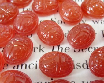 6 glass cabochons, 10x8mm, carnelian, scarab, oval