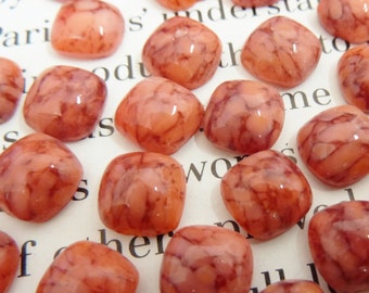 12 glass cabochons, 7x7mm, marbled coral, square