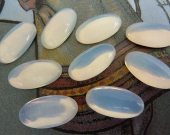 6 glass cabochons, 16x8mm, opal white, oval