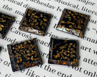 4 glass cabochons, 14x14mm, marbled brown, square