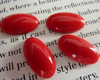 4 glass cabochons, 18x10mm, opaque red, oval