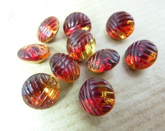 12 glass jewels, Ø8mm, red brown yellow waffle, round