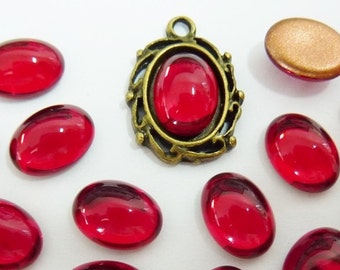 12 glass cabochons, 8x6mm, siam red, oval