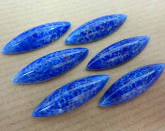 6 glass cabochons, 27x8mm, lapis lazuli blue, navette