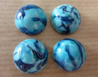 4 glass cabochons, Ø15mm, marbled turquoise, round