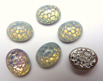 6 glass cabochons, 10x8mm, opal white snake, oval