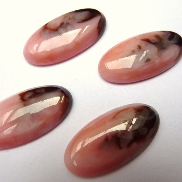 6 glass cabochons, 20x10mm, pink brown, oval