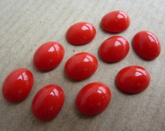 6 glass cabochons, 10x8mm, opaque red, oval