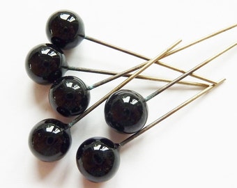 12 lampwork glass bead headpins, Ø7mm, black