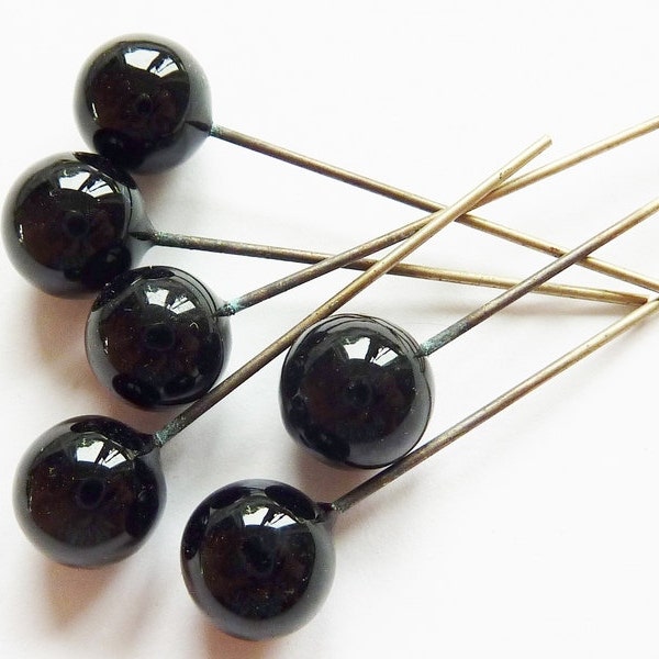 12 lampwork glass bead headpins, Ø7mm, black