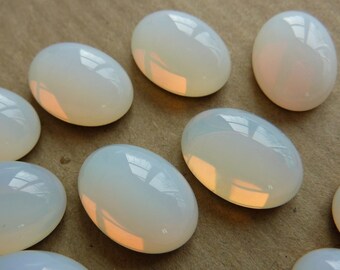 4 glass cabochons, 14x10mm, opal white, oval