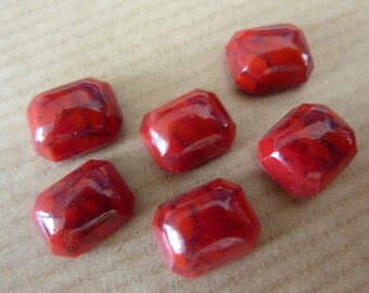 6 glass cabochons, 10x8mm, marbled red, octagon