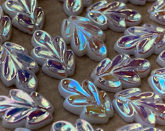 20 glass cabochons, 13x8mm, white AB, leaf