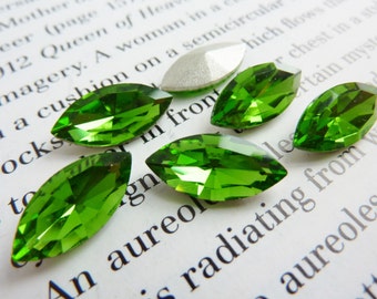 6 glass jewels, 15x7mm, olive green, olivin, navette