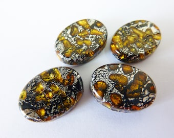 4 glass cabochons, 14x10mm, black silver/gold, oval