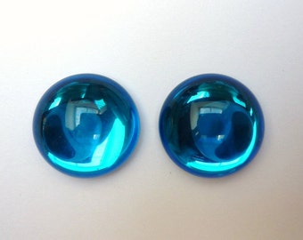 2 cabochons, verre, Ø18mm, turquoise, rond