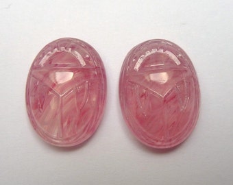 2 glass cabochons, 18x13mm, rose quartz scarab, oval