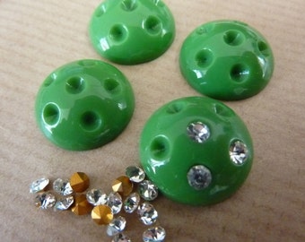 4 glass cabochons, Ø16mm, green with rhinestones, round