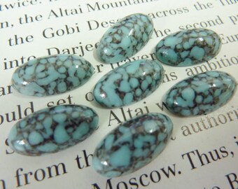 6 verre cabochons, 16x8mm, turquoise marbré, ovale