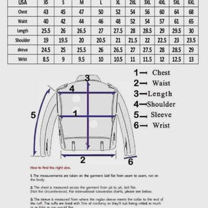 Puede incluir: Una tabla de tallas titulada "Gents Size Chart" con medidas en cent&iacute;metros para pecho, cintura, largo, hombro, manga y mu&ntilde;eca. Un diagrama ilustra c&oacute;mo medir una chaqueta. Incluye texto explicativo.