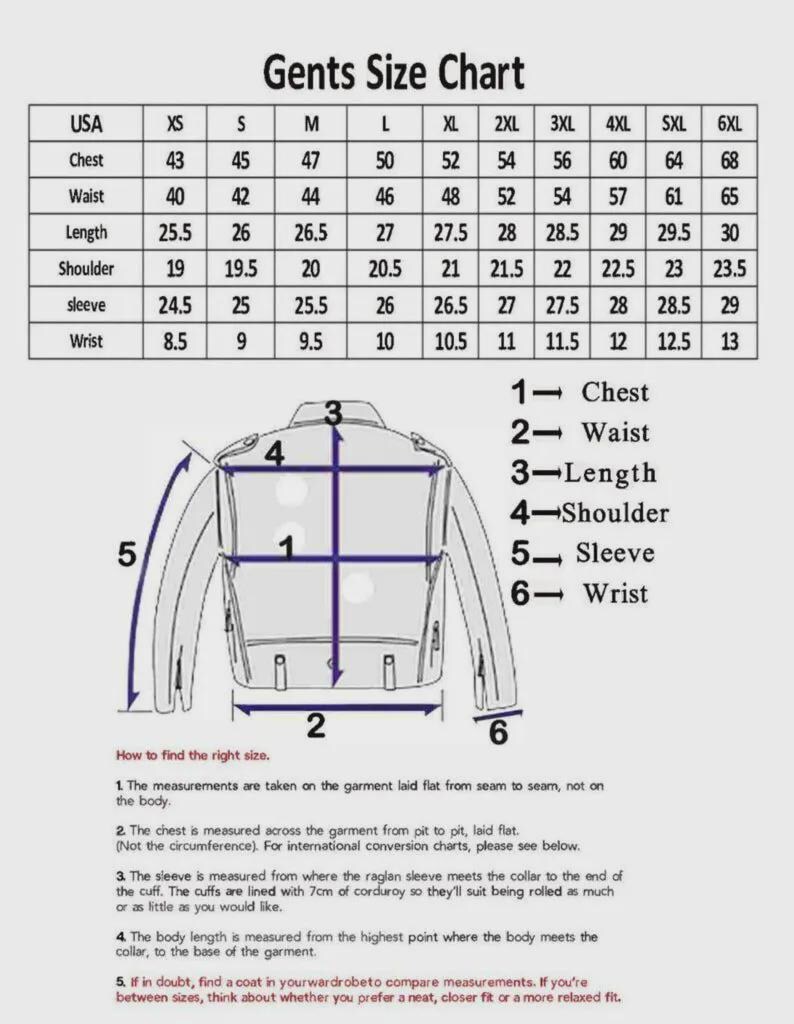 Puede incluir: Una tabla de tallas titulada "Gents Size Chart" con medidas en cent&iacute;metros para pecho, cintura, largo, hombro, manga y mu&ntilde;eca. Un diagrama ilustra c&oacute;mo medir una chaqueta. Incluye texto explicativo.