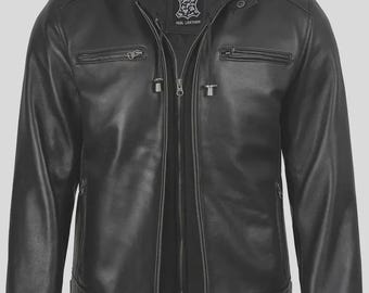 Chaqueta de cuero negra moderna de corte ajustado para hombre.