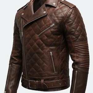Chaqueta de cuero estilo motero, acolchada con diseño de rombos y hecha a mano - Marrón vintage desgastado imagen 1