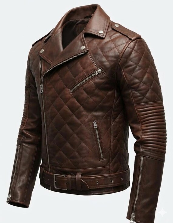 Handcrafted Diamond Quilted Leather Biker Jacket - Distressed Vintage Brown