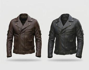 Chaqueta de cuero para hombre estilo motero / Ajuste entallado / Ropa de motociclista vintage