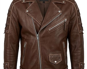 Chaqueta de motociclista vintage de cuero marrón para hombre / Chaqueta estilo steampunk con cordones