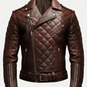Chaqueta de cuero estilo motero, acolchada con diseño de rombos y hecha a mano - Marrón vintage desgastado imagen 2