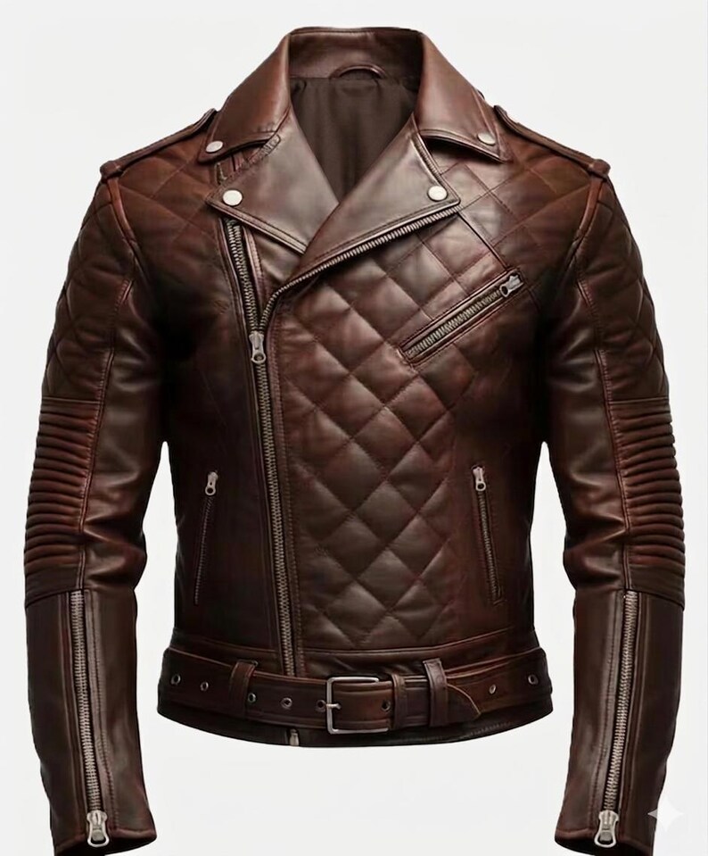 Chaqueta de cuero estilo motero, acolchada con diseño de rombos y hecha a mano - Marrón vintage desgastado imagen 2