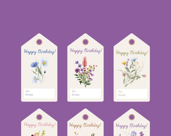 Etiquetas de regalo de cumpleaños con flores silvestres, etiquetas florales, etiquetas rústicas con flores, etiquetas de cumpleaños inspiradas en la naturaleza (juego de 6) descargables