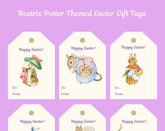Etiquetas de regalo de Pascua descargables con temática de Beatrix Potter: etiquetas de conejito de cuentos de hadas de descarga instantánea, decoración vintage de primavera imprimible