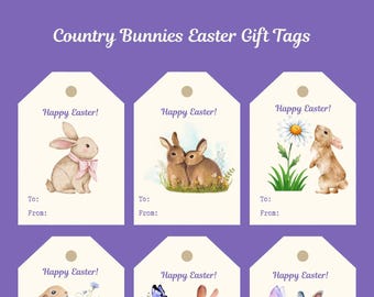 Etiquetas de regalo de Pascua descargables con diseño de conejo de campo: etiquetas rústicas de conejo de granja de descarga instantánea, decoración vintage de primavera imprimible