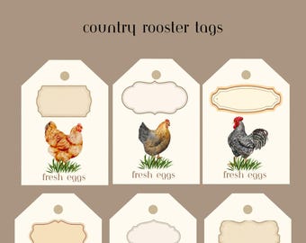 Etiquetas para cartón de huevos frescos de Country Rooster / Embalaje de granja (Descarga digital)