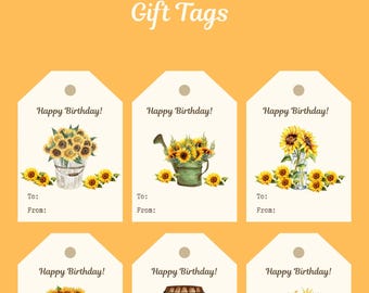Etiquetas de regalo de cumpleaños con diseño de girasol, etiquetas florales, etiquetas rústicas para regalo de cumpleaños / Juego de 6 / Descargables