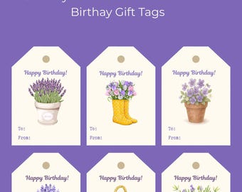 Etiquetas de regalo de cumpleaños con lavanda campestre, etiquetas florales, etiquetas rústicas para regalo, etiquetas para regalos de cumpleaños (descargables e imprimibles en casa)