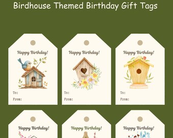 Etiquetas de regalo de cumpleaños con diseño de casita de pájaros, etiquetas de regalo de cumpleaños con temática de jardín rústico, etiquetas de cumpleaños con temática de naturaleza/juego de 6/descargables/impresión en casa