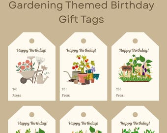 Etiquetas de regalo de cumpleaños con temática de jardinería, etiquetas de cumpleaños con temática de jardín, etiquetas de regalo de jardín floral, etiquetas de cumpleaños rústicas / juego de 6 / descargables