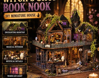 May include: A DIY miniature house kit titled Witch's Shop Book Nook. The structure features a dark, multi-storey building with green vines, purple lighting, and intricate details like an owl, signs, and a rooftop. Includes four inset images highlighting the rooftop, interior, details, and LED lighting.