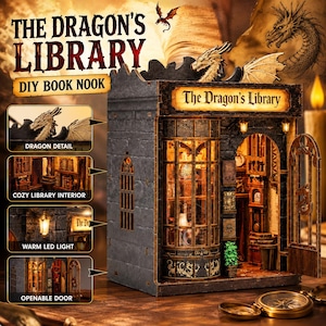 May include: A DIY book nook kit titled The Dragon's Library, featuring a stone-textured facade, a large arched window, and an openable door. The structure includes a dragon figure on the roof, warm LED lighting, and detailed interior library elements.